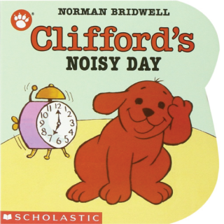 A cartoon of Clifford the big red dog as a puppy. An alarm clock rings behind him. 
