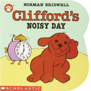 A cartoon of Clifford the big red dog as a puppy. An alarm clock rings behind him.