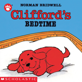 A red puppy dog laying on a bed.