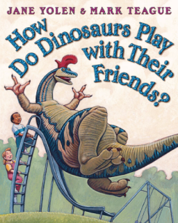A dinosaur on a playground slide