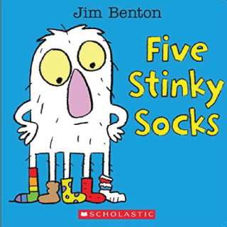 A cartoon character with five feet wearing socks. 
