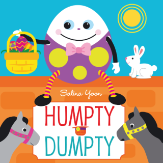 A cartoon of humpty with a basket in his hand. A bunny is sitting on a wall with him. 
