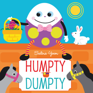 A cartoon of humpty with a basket in his hand. A bunny is sitting on a wall with him.
