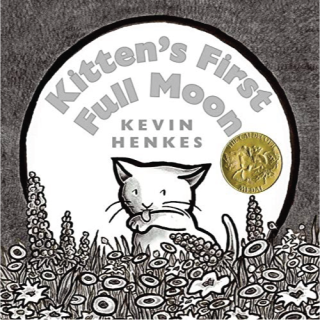 A black and white drawing of a bunny in a field of flowers. A full moon is behind the kitten.