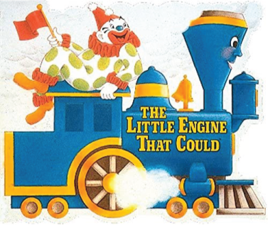 A cartoon clown riding locomotive engine.