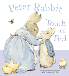 A cartoon rabbit wearing a dress adjusting the coat of a younger rabbit.