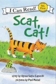 A cartoon cat walking along a stream. A frog is sitting on a stone in the stream.
