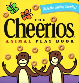 Two cartoon monkeys juggling Cheerios