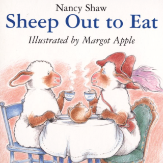 Two sheep drinking tea at a table
