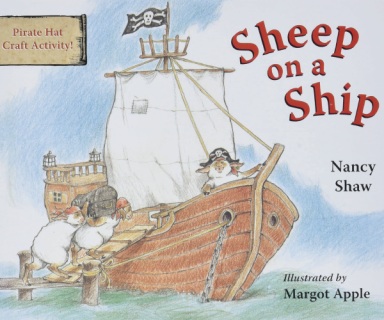 A sheep on a pirate ship wearing a captains hat. Two sheep are carrying a treasure chest onto the ship. 