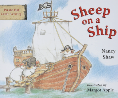 A sheep on a pirate ship wearing a captains hat. Two sheep are carrying a treasure chest onto the ship.