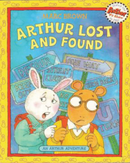 Arthur and his friend buster are wearing backpacks. They look nervous. There are many street signs behind them. 