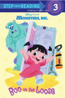 A little girl running. A large, furry, blue monster stands by an open door behind her.