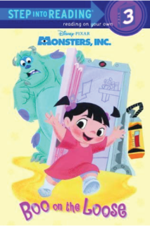 A little girl running. A large, furry, blue monster stands by an open door behind her. 