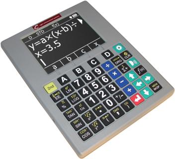 A grey rectangular device with a screen and keypad. 