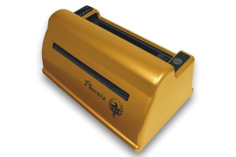 A gold embosser with a phoenix logo on the front. 