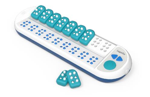 A device with an upper and lower braille cells. The upper braille cells have tiles that go in them.