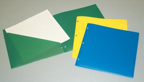 Picture of green, yellow and blue pocket folders. 