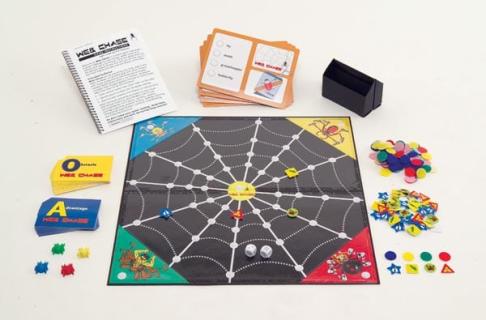 Picture of Web Chase game board and pieces. 