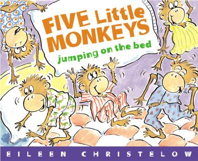 The cover of the book "Five Little Monkeys Jumping on the Bed" features an illustration of a bed with five monkey jumping around the title text in the center.