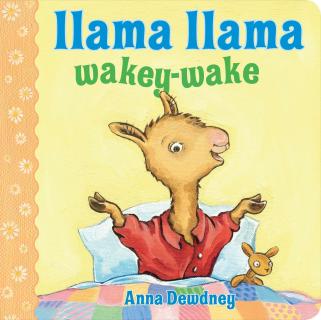The cover of the book "Llama Llama Wakey-Wake" features a yellow background with the title at the top. An illustrated smiling llama sits up in bed with its arms stretched out wearing red pajamas.