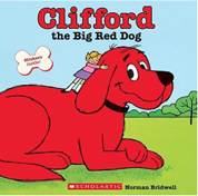 The cover of the book "Clifford the Big Red Dog" features an illustrated outdoor scene with the title at the top. A large red dog lays on the ground smiling with a small girl standing on the dog's back hugging his head.