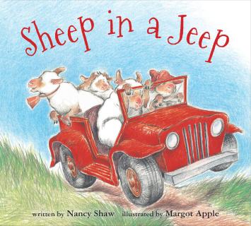 The cover of the book "Sheep in a Jeep" features an illustrated outdoor scene with the title at the top. Four sheep ride in a red open top jeep down a dirt road.