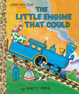 The cover of the book "The Little Engine that Could" features and illustrated image of a yellow sky and grren grass. A blue train engine rides down the train track with a clown. Children and a dog wave at the train from the grass.