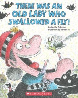 The cover of the book "There Was An Old Lasy Who Swallowed a Fly!" features a yellow background with the title at the top. An illustrated old lady wearing a red hat has her mouth wide open and is throwing a surprised fly into her mouth.