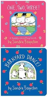 On top, the cover of the book One, Two, Three! features an illustrated image of three dancing hippos in the center sourounded by a pink backgroun and the title across the top. Below, the cover of the book Barnyard Dance! Features an illustated image of three farm animals sourounded by a blue background and the title across the top.