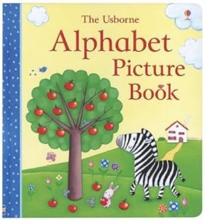 Tabbed pages introduce a word beginning with each letter of the alphabet, from an apple and a butterfly to a xylophone, yellow paint, and a zebra. On board pages.