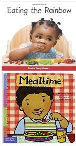 Two book images stacked vertically. The book Eating the Rainbow features a toddler feeding herself with a tray of colorful fruits in front of her. Below, the book Mealtime features an illustrated image of a boy eating food with a place and cup sitting in front of him.