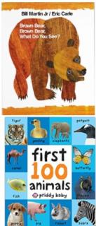 Two book images stacked vertically. The top book is of Brown Bear, Brown Bear, What Do You See? which features an illustrated image of a brown bear. Below, the image of First 100 Animals features the title in the center surrounded by multiple pictures of animals.
